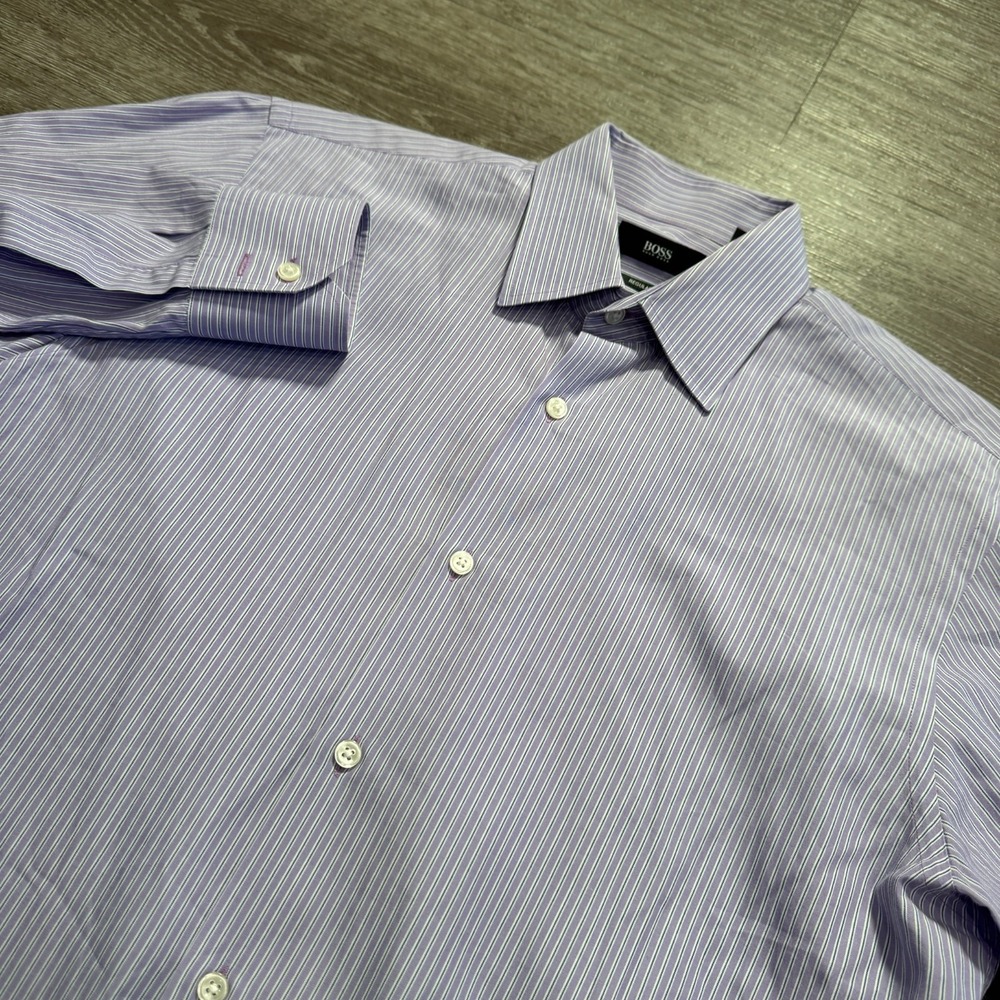 Hugo Boss Shirt Men 15.5 34/35 Purple Cotton Striped Regular Fit Business Preppy